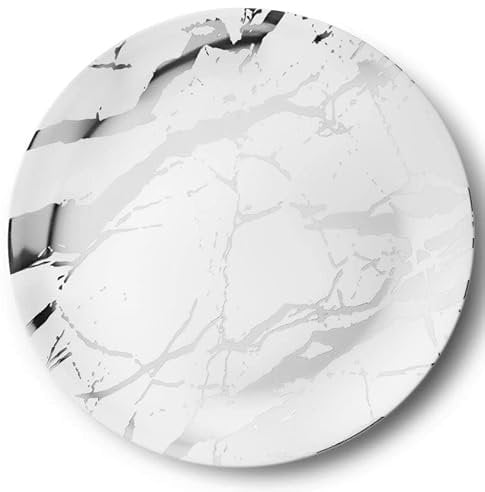 Decorline - Plateau de Service - Lot de 4 - Plats à Servir en Marbre en Plastique Réutilisable Robuste, Plateaux Traiteur de présentation/décoration Pour de Fête Buffet - Rond Ø 40 cm - Blanc/Argent