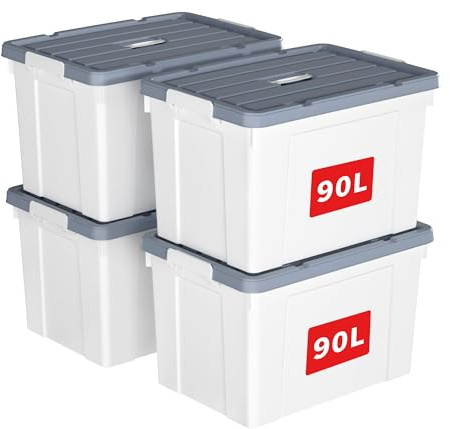 Cetomo 90L*4 Storage Boxes, Carry Plastic Storage Box with Lids, Organizing Container with Handle and Secure Latches, Nestable & Stackable Tote Box for Home Office, 90L-4 Pack, White