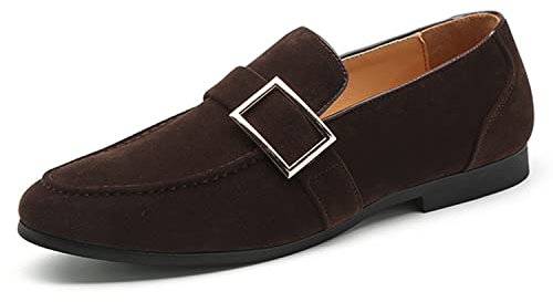 WOkismD Mocasines de Ante para Hombre, Mocasines sin Cordones, Ligeros, Formales, clásicos, de Negocios, para Hombre, con decoración de Hebilla de cinturón,Marrón,37