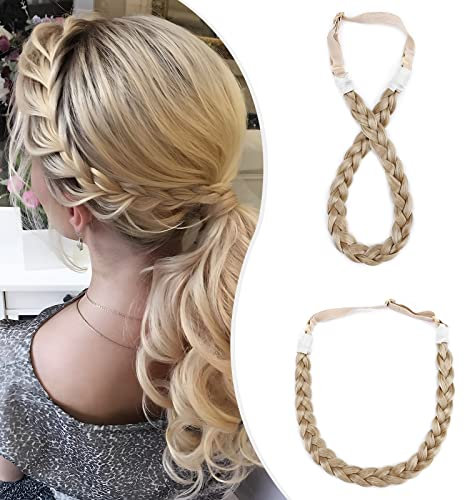 Elailite Haarband Geflochten Haargummi mit Haare Damen Haarteile Dutt Braids Extensions Stirnband Breit 1.5cm/S Zopf Haarreif Verstellbare Kopfband Haarschmuck 27g # Hellblond/Hellstes Blond
