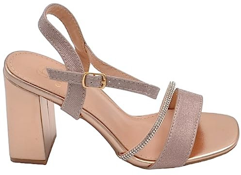 Scarpe Sandalo Donna Oro Rosa Pelle con Fasce a Incrocio satinate e Chiusura alla Caviglia Sling Back Tacco Largo 5cm (39 EU)