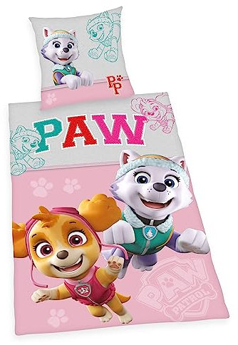 Herding Bettwäsche-Set, Paw Patrol, Kopfkissenbezug 80 x 80 cm mit Knöpfen und Wende-Motiv, Bettbezug 135 x 200 cm, Mit Knopfverschluss, 100% Baumwolle/Linon, Rosa