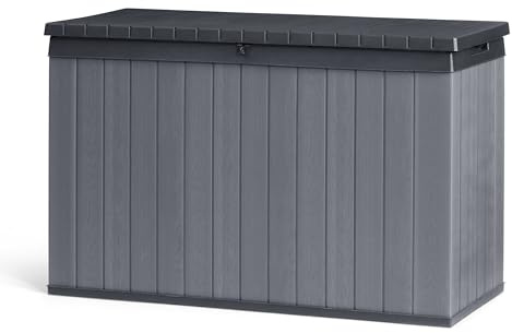 Keter Darwin Gartenbox 662L Graphit – Wetterfeste Outdoor Aufbewahrungsbox in Holzoptik, abschließbarer Deckel mit Hydrauliksystem, UV-geschützt, wartungsfrei, Sitzgelegenheit für 2 Personen