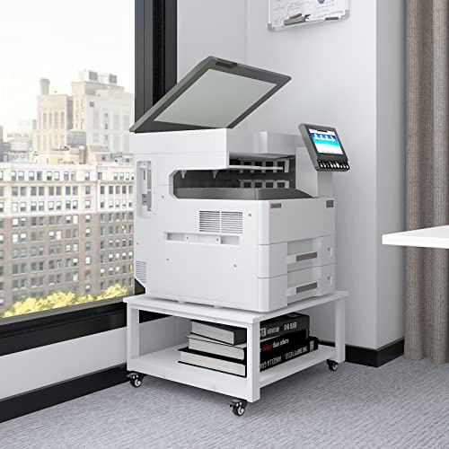 PUNCIA 2 Tier Laser Printer Stand with Paper Storage Shelf | Heavy Duty Rolling Cart on Wheels Large Wooden Side Table Copier Holder Multifunctional Organiser Home Office Equipment White