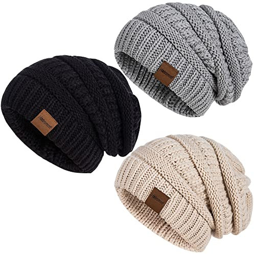 Hatromm Slouchy Mütze 3 Stück - Übergroße Warme Strick-Beanie für Damen und Herren - Winter Mütze in Schwarz, Haferflocken und Dunkelgrau