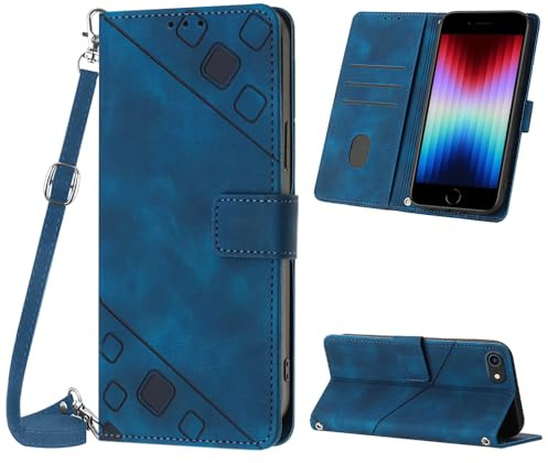 Mo-Beauty Hülle mit iPhone SE 2022/2020 / iPhone 8 / iPhone 7 (4.7 Zoll), PU Leder Flip Crossbody Handyhülle, verstellbare abnehmbare Halskette [Magnet] Schutzhülle für iPhone SE 2022 - Blau