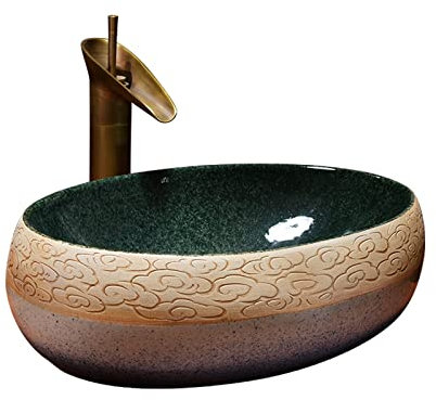 Évier ovale vintage en céramique de style chinois, évier artistique avec robinet, drain pop-up, salle de bains exquise, évier d'art en porcelaine