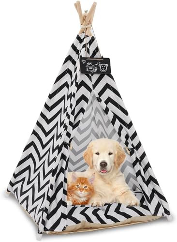 Tipi Zelt für Haustiere, Tragbar Gestreift Haustier Zelte mit dickem Kissen, Abnehmbar & Waschbar Hundezelt Katzenzelt für drinnen und draußen, Zelt Möbel für Hunde und Katzen, 70x70x110cm