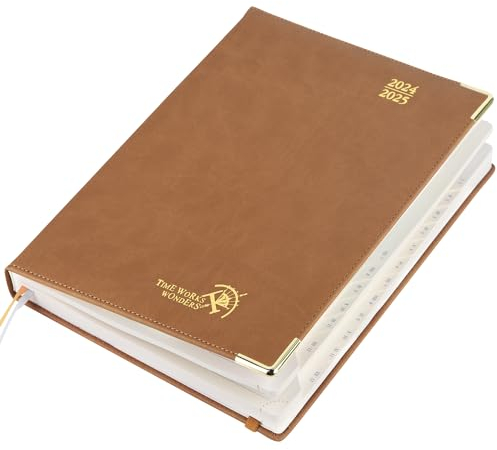 POPRUN Premium Kalender 2025 Wochenplaner (Aug.2024-Dez.2025), ca. A4 (26,5 x 21,5 cm), 17-Monate-Terminplaner, Buchkalender 2025 Hardcover mit Vergoldete Schutzecken, 100 GSM Papier - Braun