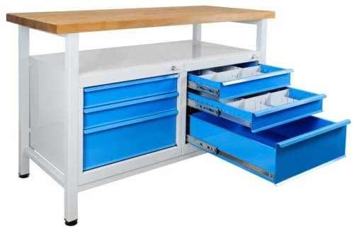 Steinbock Werkbank 6 Schubladen + Boden | 120x84x60 cm | 300 kg | Blau | 300 kg Tragkraft | 4 cm geölte Massivholz-Arbeitsplatte aus Buche | stabiles Stahlgestell | Werktisch | Made in EU