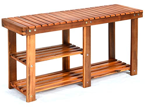RELAX4LIFE Schuhbank, Schuhregal Akazie Holz, Schuhablage 3 Ablagen, Schuhschrank mit Sitzbank, Garderobenbank 87 x 28 x 45 cm, 160kg Belastbarkeit, ideal für Flur, Bad, Wohnzimmer