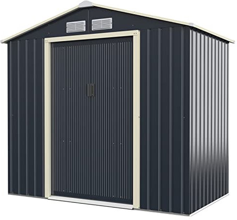 GOPLUS Metall Gerätehaus 4,07 m², Erweitert 213 x 191 x 195 cm Gerätehaus, Geräteschuppen mit Schiebetür, Satteldach, Lüftungsfenster, Gartenhaus für Garten Terrasse Balkon