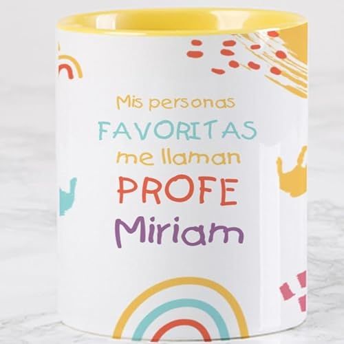 Wanapix | Taza Personalizada para Profesores | Personalizable con Nombre o Texto| Detalle Maestra Infantil | Regalo para Profesores | Apta para Microondas | 325ml | Amarilla - Dibujo Profe