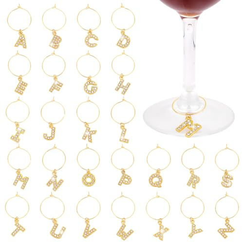 PH PandaHall 26 Stück Goldene Bling Buchstaben Weinglas Anhänger Für Gläser Diamant Weinglas Anhänger Markierungen Anhänger Metallbuchstaben Glas Anhänger Für Cocktails Champagner Party Dekoration