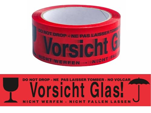 Pantera Pack® Paketband Vorsicht Glas zerbrechlich 5cm x 66m in rot (6 Rollen) Vorsicht Glas Paketband 48my extra stark Klebeband für fragile und zerbrechliches Glas Paketklebeband als Rollenset