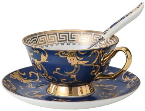 ZFQ Ensemble de tasse et soucoupes en porcelaine anglaise avec cuillères, 250ml, tasses à thé, tasses à café, pour Le thé, Le café, Le Petit-déjeuner et la Cuisine (Bleu)