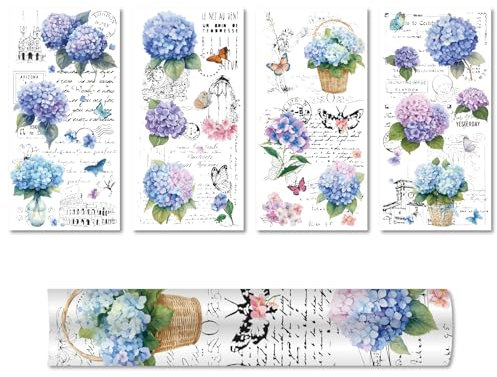 CREATCABIN Hydrangea Wall Decals Blue Flower Wall Stickers PVC Waterproof Decorative Stickers Summer Spring Floral Butterfly Wall Murals Art Self Adhesive Window Decal for Furniture Decoration 15x30cm