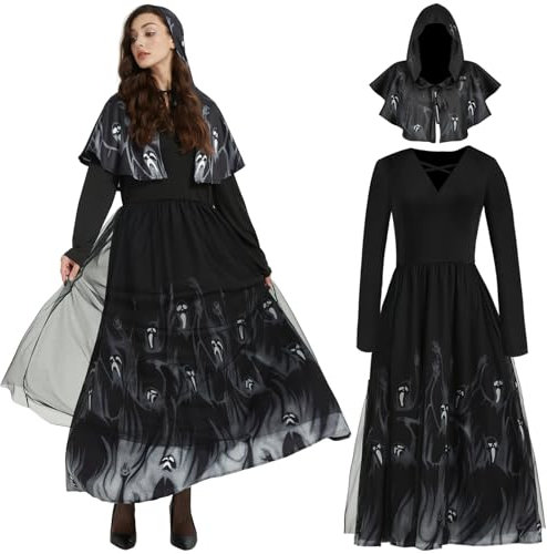 Joellfuner Déguisement de Sorcière Halloween pour Femme, Robe Longue de Fantôme Noir avec Cape, Halloween Femme Gothique Vampire Deguisement Costume Carnaval Cosplay Adulte (L)