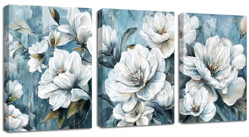 3 Pcs Leinwandbilder Bilder mit Rahmen Weinlese Blau Weiße Pfingstrose Blumen bild auf leinwand Wandkunst Wandbilder Kunstdruck Deko für Wohnzimmer Schlafzimmer fertig zum Aufhängen 120x60cm(40x60x3)