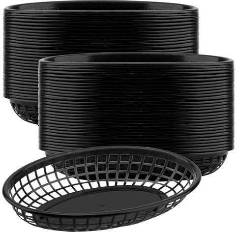 KEILEOHO 60 Stück Kunststoff Fast Food Korb, 24 x 15,5 x 4,7 cm Ovale Körbe Plastik Schwarz Servierkörbe zum Servieren