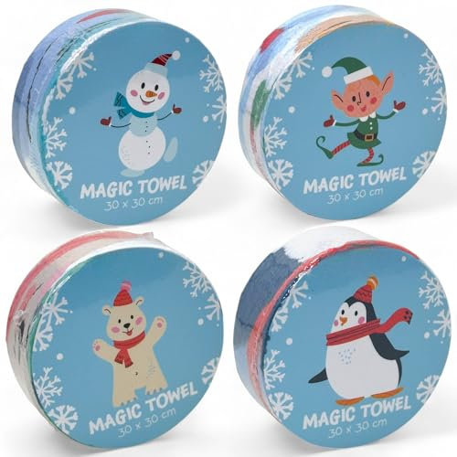 MIJOMA Lot de 4 Gants de Toilette Magiques - Serviette Se Déplie dans l'Eau Chaude - Cadeau pour Enfant - 100% Coton (Amis de Noël)