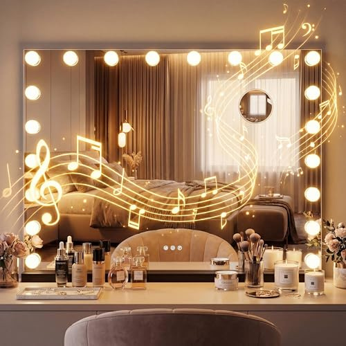 CLP Schminkspiegel mit Beleuchtung 80x60 cm Norlina, Kosmetikspiegel Bluetooth-Lautsprecher USB, Hollywoodspiegel Wandmontage und freistehend, Farbe:schwarz, Set-Inhalt:mit Bluetooth
