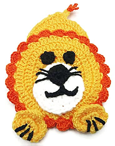 Presina ad uncinetto gialla e arancione a forma di leoncino in acrilico 10x14 cm (22PRS) - Made in Italy