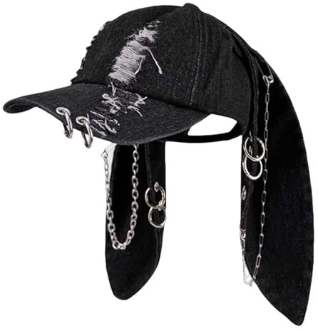 WUODHTW Y2k Baseballkappe mit Ohren, Metall, Eisenring, Kette, Used-Look, Denim, Baseballkappe, Sonnenkappe, Hiphop-Tanzhut, Hasenhut, A10, Einheitsgröße