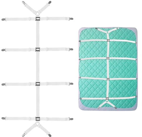 MOERDIFFER Bettlakenspanner Verstellbar, Bettlaken Spanngurte, Bettlaken Spanner Matratzenhalter, Elastische Betttuch Spanner mit 12 Metallclip für Faltenfreie Bettlaken und Topper (Weiß)