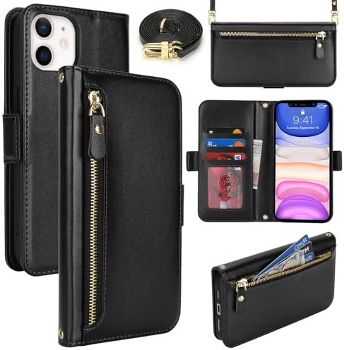 Lipvina Handyhülle für iPhone 11 mit praktischem Band und Kartenfach - stilvolle Klapphülle mit Handykette aus hochwertigem Leder Hülle für iPhone 11 - Schwarz