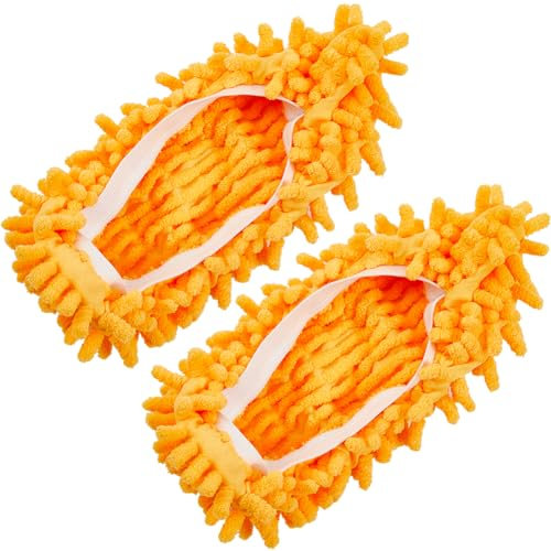 CREATCABIN 2Pcs Mop Slippers Shoes Cover Dust Duster Reusable Microfiber Duster Mops Washable Foot Socks Hair Cleaners Sweeping Floor Cleaning Shoes Cover for House Bathroom Kitchen Orange 9 x 4 Inch