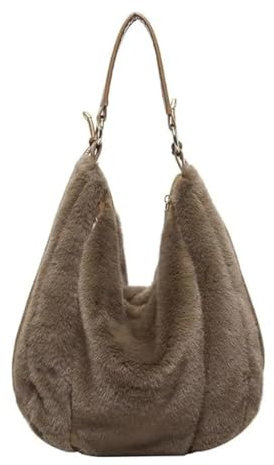 Generisch Damen Kunstfell Pelzige Tote Tasche, Plüsch Umhängetasche Damen, Flauschige Retro-Umhängetasche mit Reißverschluss, Damen Herbst Winter Plüsch Handtasche (Coffee)
