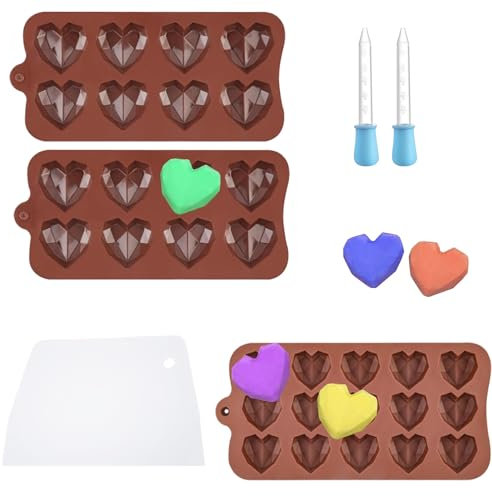Niaciswe Moule en Silicone Diamant en Forme de Cœur 3 Pièce Moule à Chocolat Réutilisables Moule en Silicone en Forme de Cœur Réutilisable Moule Bonbon Silicone avec Pipette et Spatule, pour Chocolats