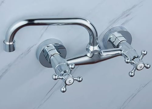 Robinet mural à 2 poignées pour la maison, la cuisine, la salle de bain, la buanderie, les toilettes, le jardin, argenté, 17,4 x 11,1 cm