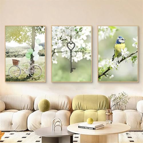 Uixxducc 3er Poster Set Aesthetic Grüne Naturlandschaft Bilder Set, Schloss Blumen Tiere Wandbilder Wohnzimmer Schlafzimmer Wanddeko Art ohne Rahmen (50x70cm,E)