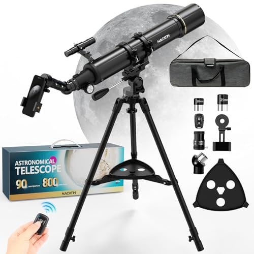 Astronomy Telescope for Adults & Beginners - 90mm Aperture 800mm Refractor with 32X-240X Magnification, Iron Tripod, Phone Adapter & Backpack - for Moon, Planets & Stargazing (Black)