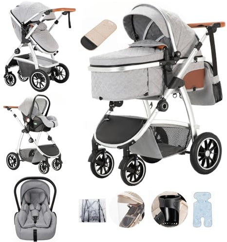 Lnhcrbs Kinderwagen 3 in 1, Baby Kinderwagen ist mit Einstellbarer Höhe Griff, Bergsteiger Kinderwagen mit Anti-Moskitonetz Regen Abdeckung Mumie Tasche Flaschenhalter,for 0-4 Years,22Kg,Hellgrau