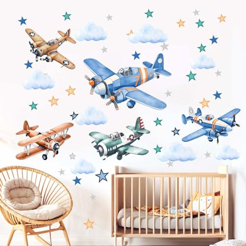Flugzeug Wandtattoo für Jungen Kinder: Abziehen und Kleben Wolke Sterne Flugzeuge Wandaufkleber für Baby Kinderzimmer Kleinkind Zimmer - Kinderzubehör Alter 1-12 Jahr Wanddekoration