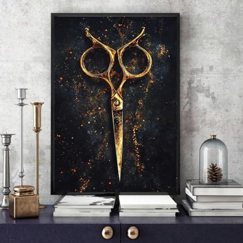 LIFKNVN Wandkunst für Friseursalons, Bilder auf Leinwand, Schwarz und Gold, Poster und Drucke, Gemälde mit Haarschneidewerkzeugen, trendige Barbershop-Wanddekoration, 70 x 100 cm, ohne Rahmen