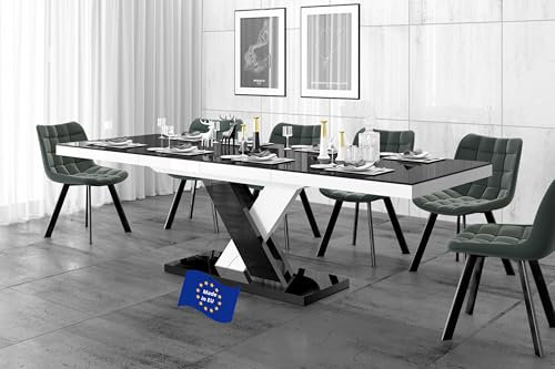 Design Esstisch HEN-111 Schwarz Hochglanz/Weiß Hochglanz ausziehbar 160 cm bis 256 cm Esszimmertisch für bis zu 10 Personen Hochglanz Funktionstisch modern vielseitig Esszimmer erweiterbar zeitlos