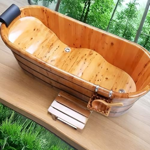 Qcesorib Badewanne aus Holz mit Kopfstützen, Freistehende Holzbadewanne mit Badehocker und Schaufel, Innen und Außen Badewanne mit Ablassventil, für Familien Hotel Schönheitssalon