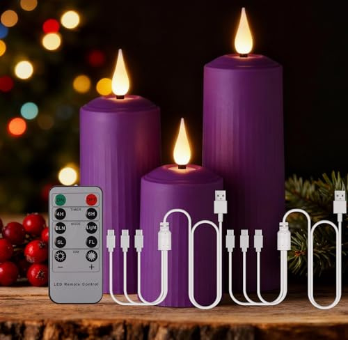 Poraschine Wiederaufladbare LED Kerzen mit 10-Tasten Fernbedienung, Outdoor Wasserdichte Flammenlose Kerzen mit 6/8H Timer, Römische Stumpenkerze im 3/6er Set Elfenbein, Type-C (lila-6er)