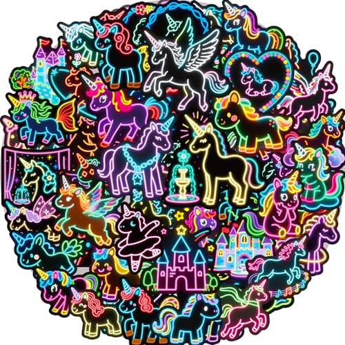 Adesivi Bambini 56 Pcs Stickers Unicorno Neon Carini, Stickers Vinile Impermeabili, Adesivi per Borraccia, Porta Pranzo, Skateboard, Journaling, Scrapbooking, Scooter, Taccuino, Valigia, Notebook ecc