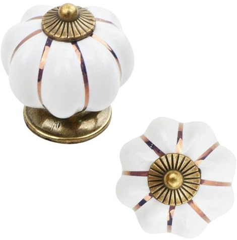 keypak 10 Pack Pumpkin Cabinet Door Knobs 41mm White & Antique Brass | Vintage Style Drawer & Cupboard Handles for Kitchen and Bedroom Furniture