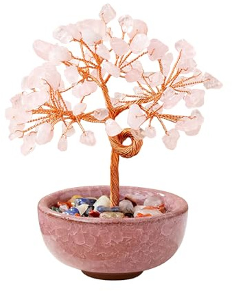 JurciCat Geldbaum Feng Shui Deko 81-Kristall Edelstein Baum Steinschalen Mit Sockel spirituelle deko für Geschenk und Glück（Rosenquarz）