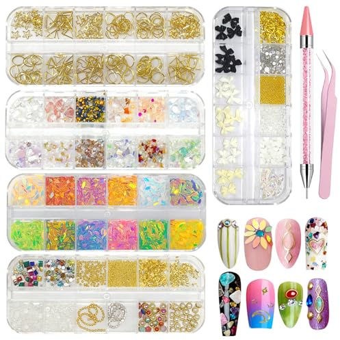 Rhinestone Nail Decoration Kit – 5 Boxes of Sparkly Nail Charms & Nail Gems, Complete Nail Stuff Set with Tweezers & Dotting Pen, Perfect Nail Gems for Nail Art at Home or Salon