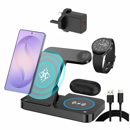 Wireless Charging Station For Samsung, 4 in 1 wireless Charger Stand for Samsung Galaxy S26 Ultra S25 S24 Ultra S23 S22 Note 20 Z Fold 7/6 Wireless Charger Station For Galaxy Watch 8 7 6 Buds (Black)