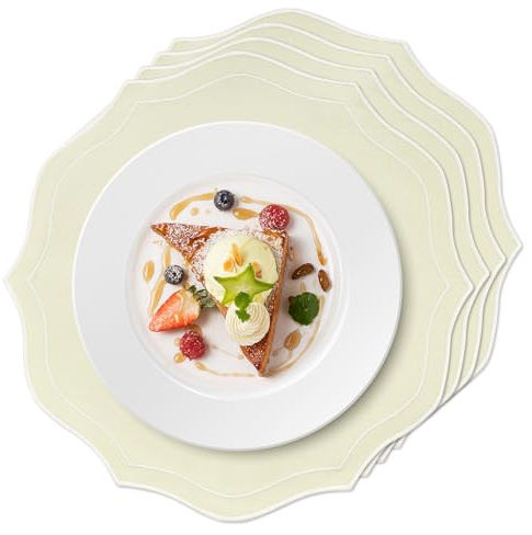 fanquare 39cm Runde Stoff Platzsets Leinentyp Weiß Bestickter Rand 4er Set | Tischsets Abwaschbar Abriebfeste Hitzebeständig Platzdeckchen für Küche Esstisch Zuhause Feier Dekor