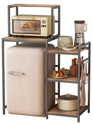 tekrabea 5-Tier Mini Fridge Stand with Storage, Baker Racks,Microwave Stand, Wood Utility Storage Shelf with Mini Fridge Storage Space for Dorm Kitchen