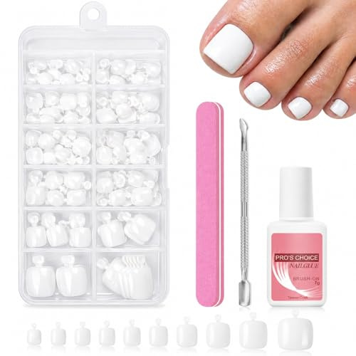 White Press on Toenails - 120Pcs Short Fake Toe Nails with Glue, Solid White Fake Toenails Kit, Square False Toe Nail Tips Extensions, Glossy Full Cover Acrylic Toenails for Women Girls DIY